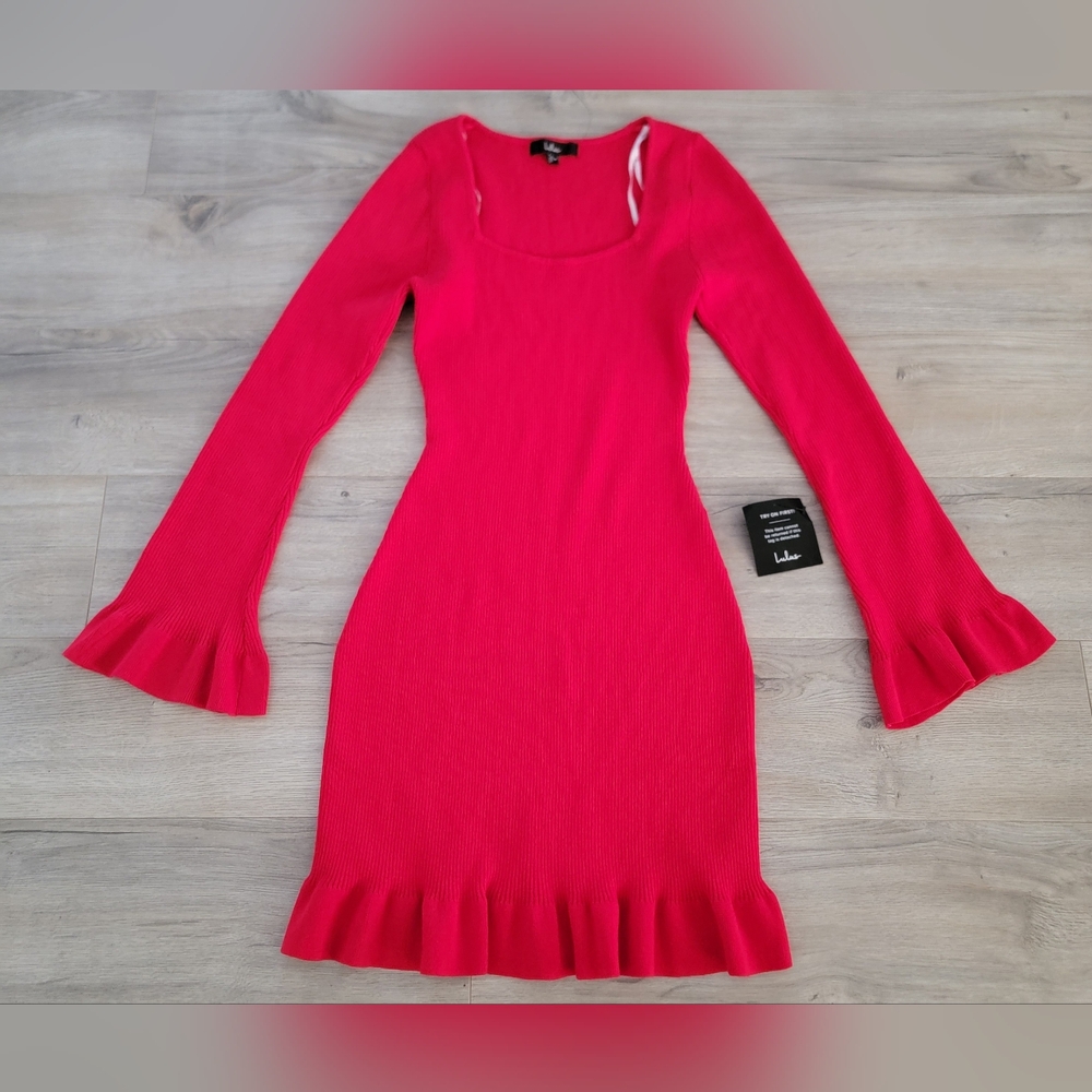 Lulus Cozy Outlook Red Long Sleeve Sweater Mini Dress sz Medium - Picture 4 of 6